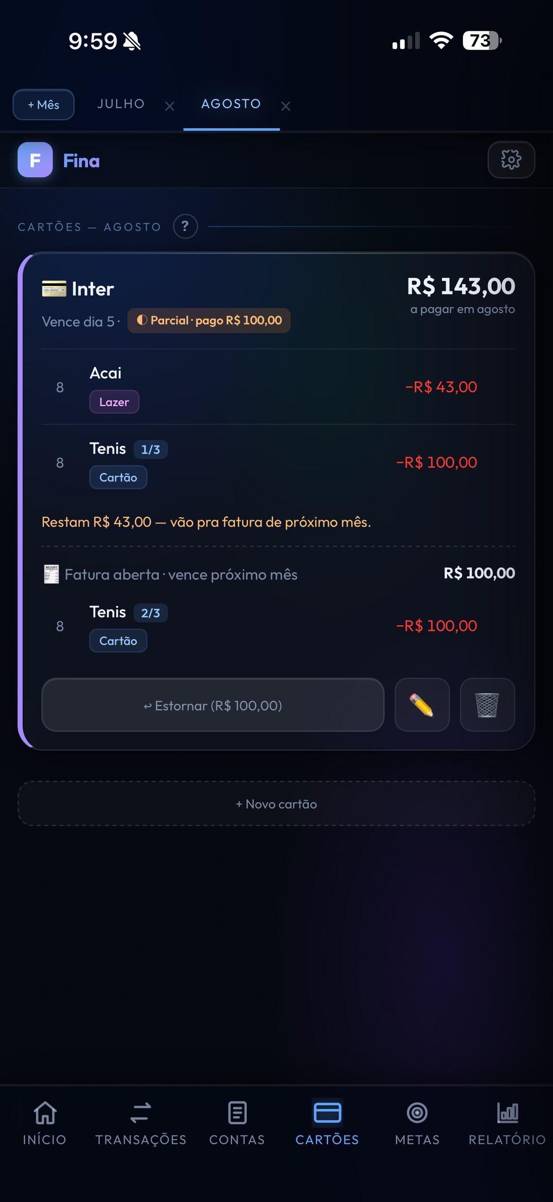 Aba de cartões do Fina
